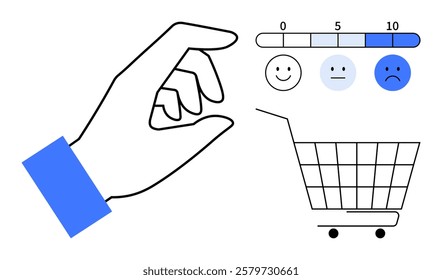 Hand selecting smiley among various satisfaction levels beside shopping cart. Ideal for feedback, customer satisfaction, e-commerce, consumer ratings, and user experience. Illustrative vector style