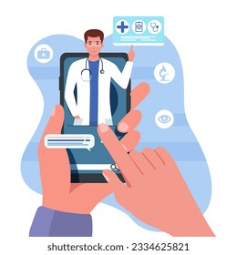 Hand selecting specialist and corresponding via mobile app to discuss treatment. Online medical consultation concept. Digital prescriptions and teletherapy. Flat vector illustration