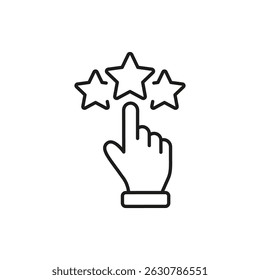 Hand Selecting Star Rating Line Icon. Customer Feedback, Review, And Satisfaction Evaluation Outline Symbol. Quality Assessment And User Experience. Editable Stroke. Isolated Vector Illustration.