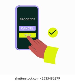 Mão selecionando sim na tela móvel com opção prosseguir na ilustração vetor plana simbolizando confirmação, tomada de decisão e ação on-line, isolado no fundo branco.