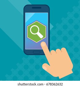 Hand selects cell phone search menu item. Concept icons for mobile device applications. Flat vector cartoon illustration. Objects isolated on a white background.