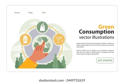 Hand selects eco-friendly practices in green consumption. Icons signify sustainable shopping, recycling, and eco packaging. Making responsible choices for the planet. Flat vector illustration