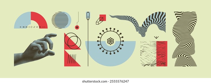 Hand selects with index finger a graphic object from a set. Pattern with optical illusion. Wavy dotted background. Applicable for poster, banner, cover, brochure or presrntation. 3D vector.