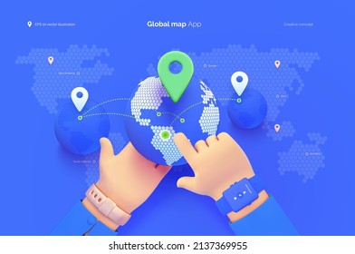 The hand selects a location on the map. World map user interface. Mobile application for travel and tourism. Country statistics. Global map of the world. Vector illustration 3d style