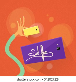 Hand Selfie Photo Hold Colorful Smart Phone Take Self Portrait Picture Concept Flat Vector Illustration