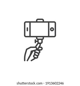 Hand with selfie stick line icon. linear style sign for mobile concept and web design. Taking selfie photo on mobile phone outline vector icon. Symbol, logo illustration. Vector graphics