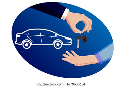 Hand of the seller in a business suit give, hold out car keys. Buyer's hand accepts, takes car keys after purchase, transaction, conclusion of the contract. For bank, insurance company, car dealership