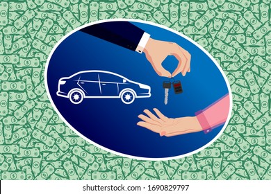 Hand of the seller in a business suit give, hold out car keys. Buyer's hand accepts, takes car keys after purchase, transaction, conclusion of the contract. Background of a seamless ornament of bills