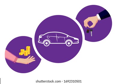 Hand of the seller in a business suit give, hold out car keys. Buyer's hand accepts, takes car keys after purchase, transaction, conclusion of the contract. White isolated background