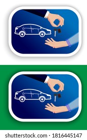 Hand of the seller in a business suit give, hold out car keys. Buyer's hand accepts, takes car keys after purchase, transaction, conclusion of the contract. For bank, insurance company, car dealership