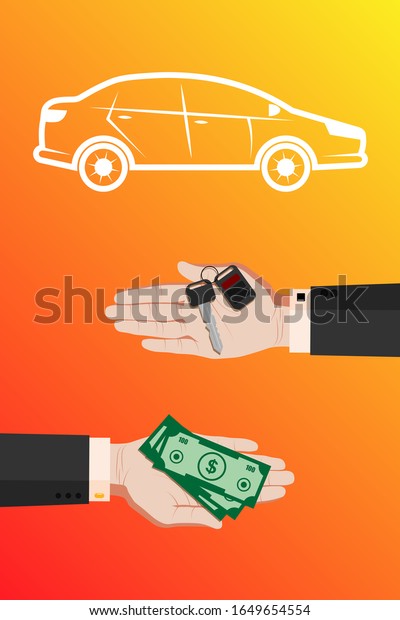 Hand of the seller in a business suit gives,\
hold out car keys after sale. The hand of the buyer holds out,\
gives money for the car after purchase. For banks, insurance\
companies, car\
dealerships