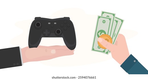 Hand of seller gives game controller, hand of player consumer pays for purchase in cash. Account access, cyber sport, playing games concept. Modern joystick for video game. flat vector illustration