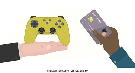 Hand of seller gives yellow wireless joystick, hand of player pays for purchase via credit card. Cyber sport, retail, shopping concept. Video games, modern gamepad. flat vector illustration