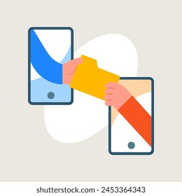 Hand send file between two mobile. Share material concept. File transfer between two mobile phone. Copy document, exchange data. Flat Illustration vector