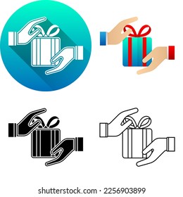 Hand to Hand Send Receive Gift Box Asset Finance Icon, Set of Flat Long Shadow, Black-White Silhouette, Line Art Logo Icon Symbol Isolated on White Background Financial, Bank, Business
