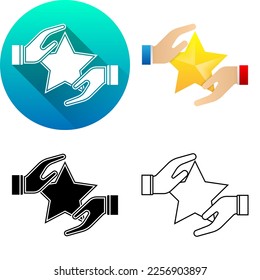 Hand zu Hand senden Sie erhalten Star Promotion Granted Cooperation Asset Finance Symbol, Set von flachen diagonalen Schatten, Schwarzweiß Silhouette, Line Art Logo Symbol einzeln auf weißem Hintergrund