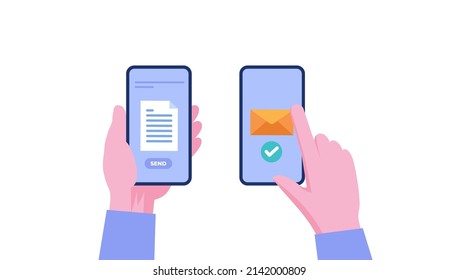 hand sending email with a phone, marketing, mail inbox, mailbox, remote working flat illustration vector template