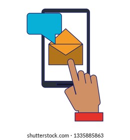 hand sending email with smartphone blue lines