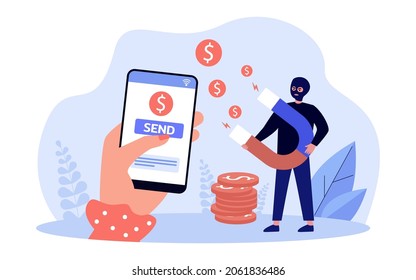 Hand sending money to scammer via mobile phone. Criminal swindler with magnet attracting money flat vector illustration. Online fraud, crime concept for banner, website design or landing web page