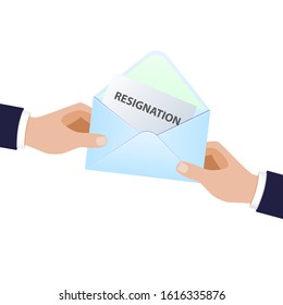 Hand sending a resignation letter to the other hand. Resignation of the government or workers concept. Vector flat cartoon illustration for posters, icons, banners, print and web projects.