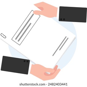 Hand sending and take a document file paper sheet, Business hand holding document file, File sharing icon, flat style vector.