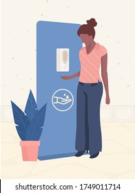 Hand Sensor Sanitiser Station, Faceless Young Woman Showing How To Use This Equipment Without Touching. Medical, Health, Hygiene, Disinfection Concept. Flat Vector Illustration.