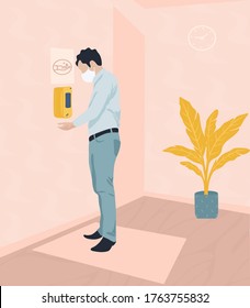 Hand Sensor Sanitiser Station, Faceless Young Man In The Room Showing How To Use This Equipment Without Touching. Medical, Health, Hygiene, Disinfection Concept. Flat Vector Illustration.