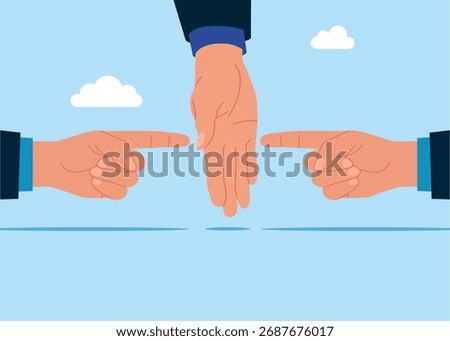 Hand  separating businessmen into two groups. Conflict and argument, difference opinion, disagree, confrontation. Flat vector illustration