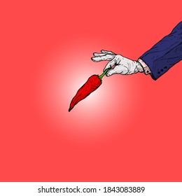 A hand serve a red hot chili pepper for the concept of a touch of spiciness. Hand drawn vector illustration. 