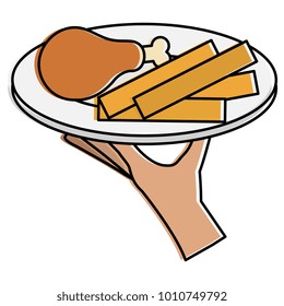 hand server with thigh chicken and french fries