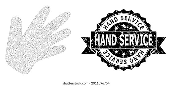 Hand Service grunge stamp seal and vector hand mesh model. Black stamp seal includes Hand Service text inside ribbon and rosette. Abstract flat mesh hand, built from flat mesh.