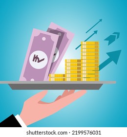 Hand serving money on plate, food price rise vector illustration