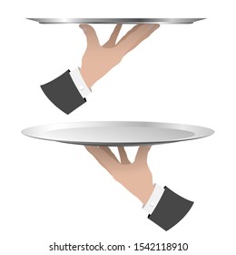 Hand with serving rtay on white background