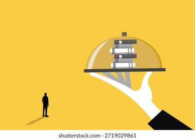 Hand Serving Stack Of Books On A Platter To A man, Representing Education Opportunity