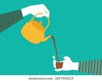 Mão servindo chá da ilustração da panela de chá