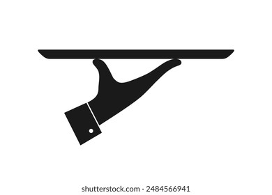 Hand with serving tray. Serving food graphic icon. Sign hand of waiter with tray. Waiter serving. Isolated symbol on white background. Vector illustration