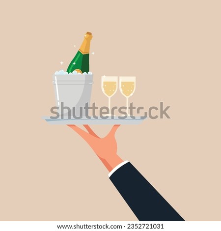 Hand serving wine, champagne. Champagne in ice bag with glasses. Cheers and party concept.