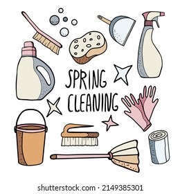 Hand set of cleaning products, mop, bucket, brushes, soap, rubber gloves. Spring cleaning items. Vector illustration in doodle sketch style.