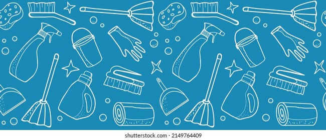 Hand set of cleaning products, mop, bucket, brushes, soap, rubber gloves. Spring cleaning items. Vector border in doodle sketch style.