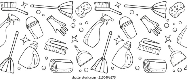 Hand set of cleaning products, mop, bucket, brushes, soap, rubber gloves. Spring cleaning items. Vector border in doodle sketch style.