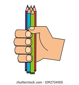 hand with set of colored pencils isolated icon