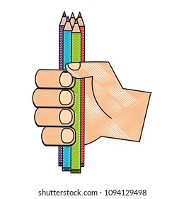 hand with set of colored pencils isolated icon