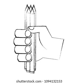 hand with set of colored pencils isolated icon