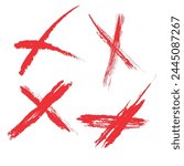 Hand set cross mark X. Collection of red stripes on a white background. Cross sign graphic symbol drawn with red dry charcoal strokes in letter x shape in vector - uneven scratched lines