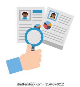 hand with set of curriculum vitae and magnifying glass