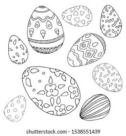 Hand set doodle egg. Contour Easter eggs on an isolated white background.