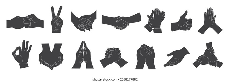 Handset, Handshake, Hands Gesten Set. Hands mit Zeichen und Symbolen auf weißem Hintergrund, gestaltende Kommunikation, Hände in unterschiedlichen Interpretationen, GrußVektorgrafik, Sammlung.