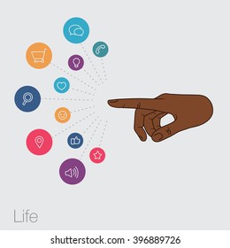 Hand set of line icons. Demonstration internet and social network. Vector flat illustration of cloud service and technology. Sharing of working file and document project. Tools for business and work.