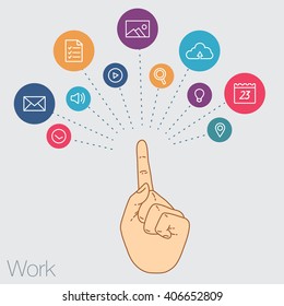 Hand set of line icons. Demonstration internet and social network. Vector flat illustration of cloud service and technology. Sharing of working file and document project.  Tools for business and work.