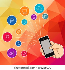 Hand set of line icons. Demonstration internet and social network. Vector flat illustration of cloud service and technology. Sharing of working file and document project. Tools for business and work.